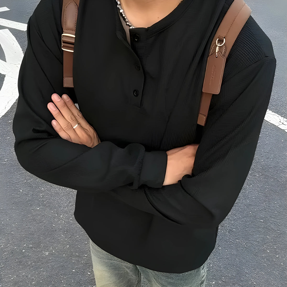 Men's black American Henry collar long-sleeved top loose fit chemical fibre blend pullover solid colour
