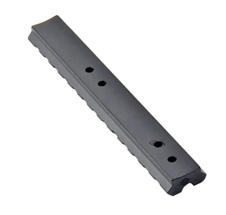 Black aluminium alloy shotgun scope mount with Picatinny rail, Allen key, and four mounting screws