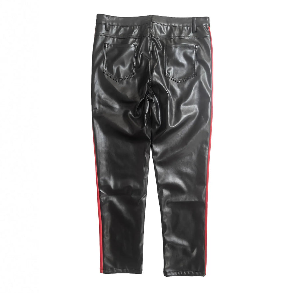 Trendy black PU leather skinny motorcycle trousers for women, cropped mid-rise, button fly, nightclub wear