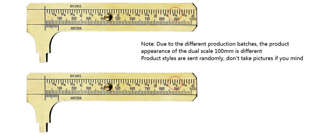Double scale mini copper caliper 100mm brass vernier with clear markings on wooden surface