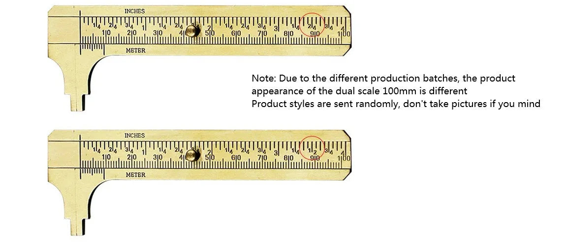 Double scale mini copper caliper 100mm brass vernier with clear markings on wooden surface