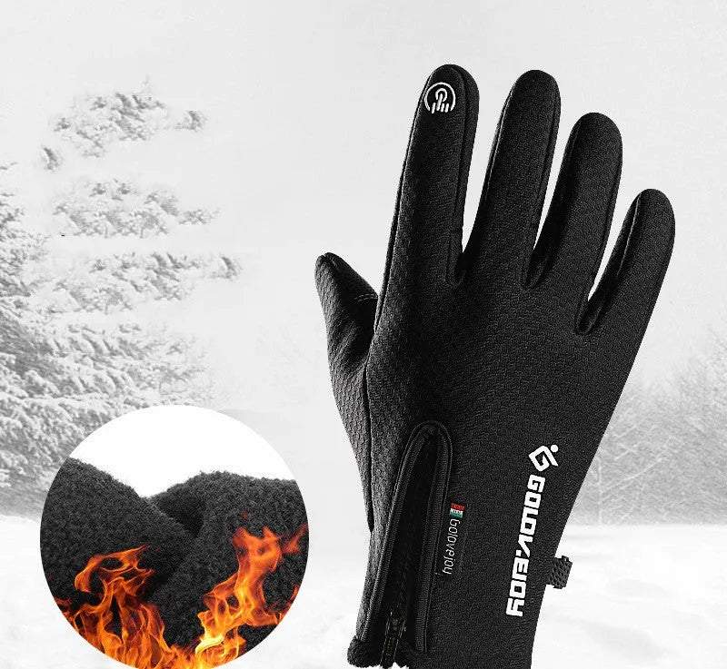 Pair of black polar fleece cycling gloves with split fingers and pattern, winter bike gear