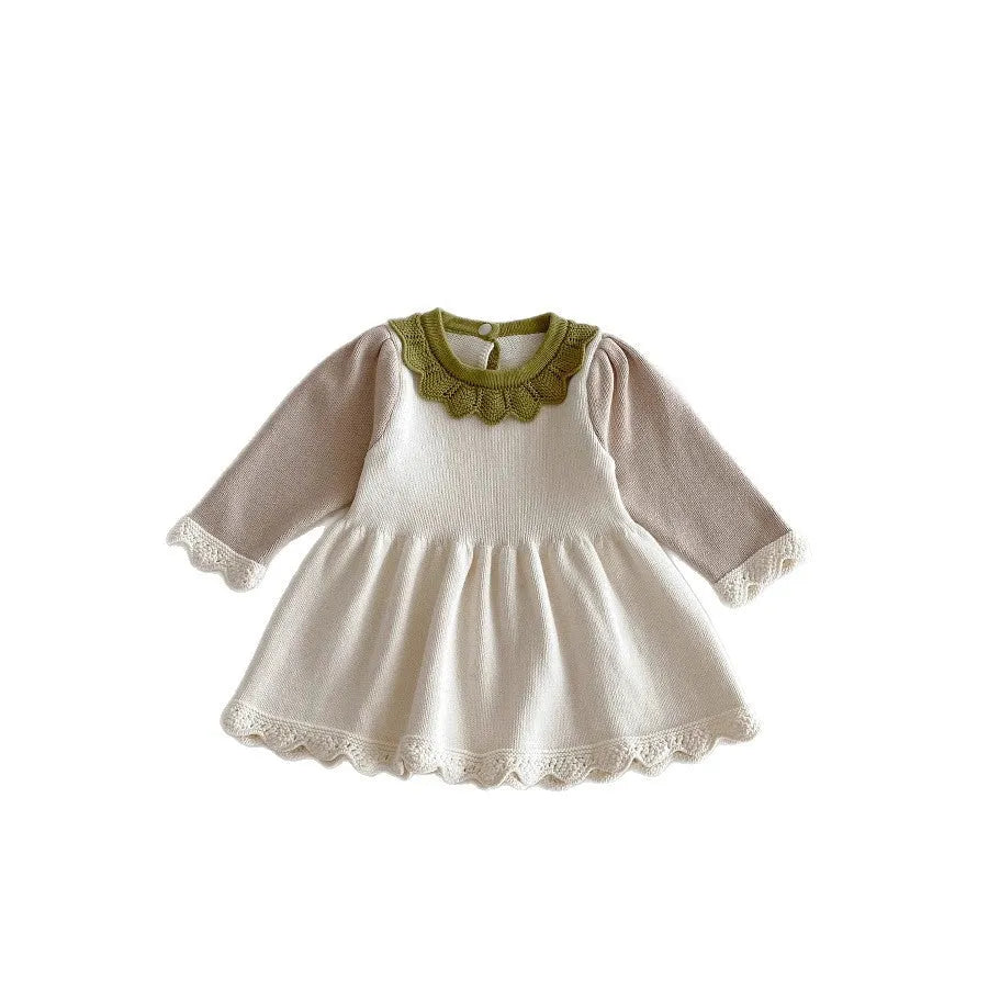 Cotton knitted dress skirt for girls in light beige solid colour with princess design