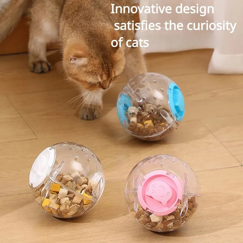 Blue ABS plastic cat slow feeder ball toy with visible treat holes on a white background.
