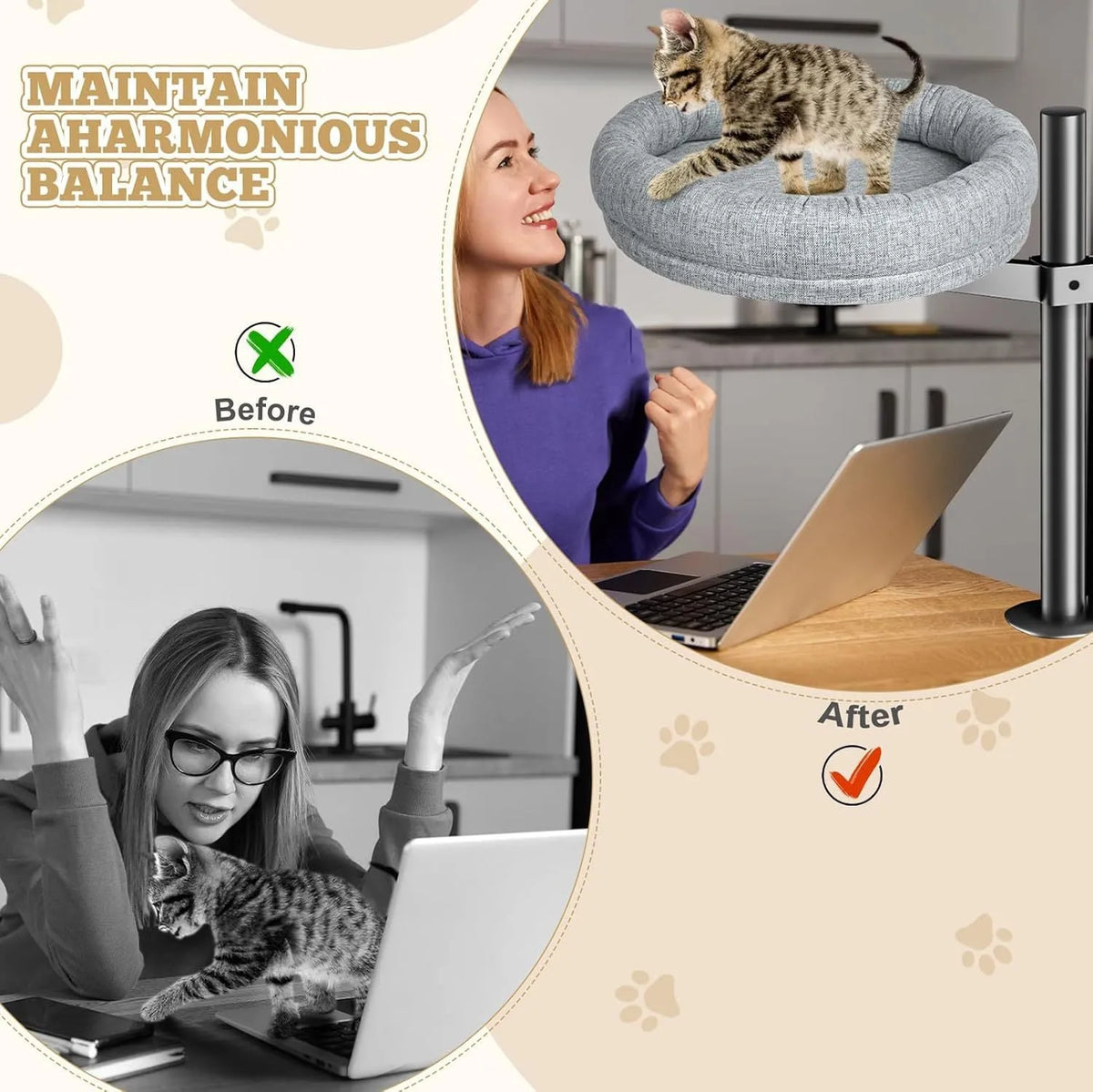 Round cloth cat nest bed in grey or brown with rotating base and adjustable height