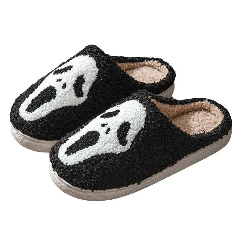 Halloween couple slippers with embroidered ghost face design in suede upper and PVC sole