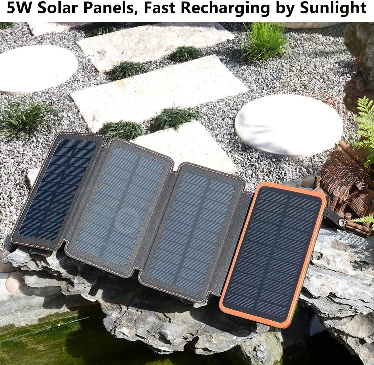 Outdoor solar power bank with soft leather wrap in multiple colours, showing solar panel and USB ports