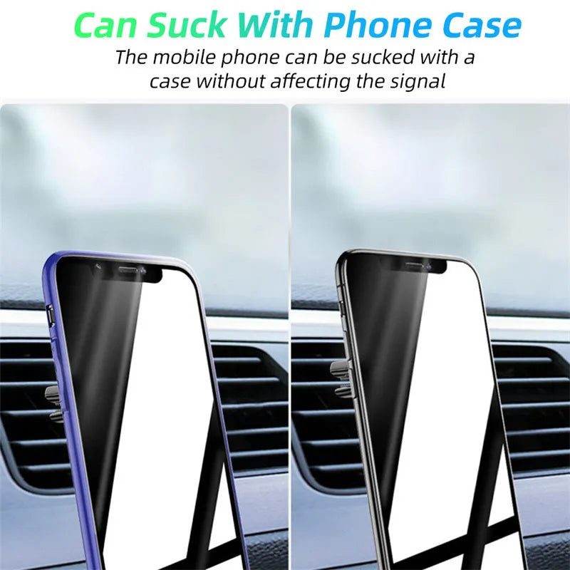 Black magnetic car phone holder mounted on a car air vent, showing 360-degree rotation and fragrance slot.