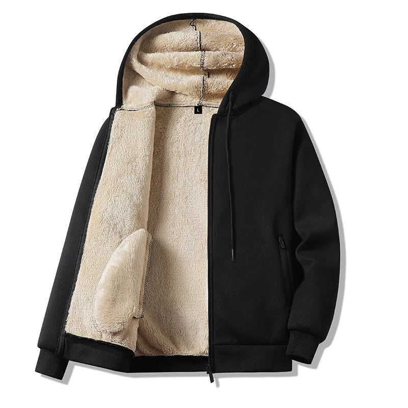 Men's autumn winter hooded jacket and trousers set in gray with wool lining, polyester fabric, sizes M to 5XL