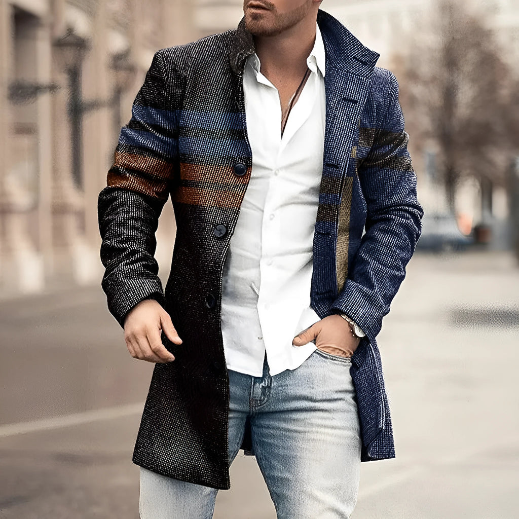 Men's stand collar mid-length plaid casual coat in a single-breasted design, available in multiple colours