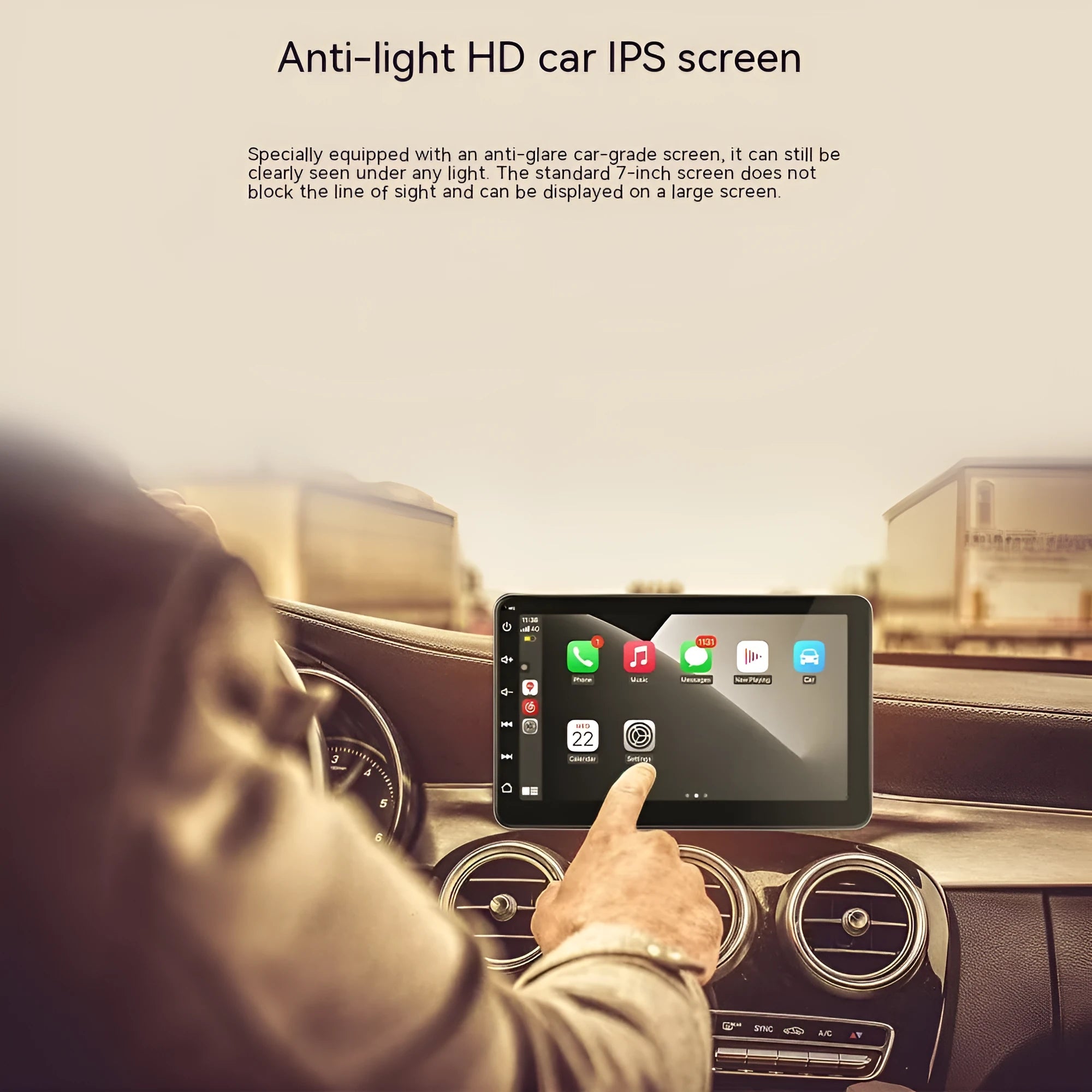 7-inch car GPS navigator with OLED display showing map and wireless Carplay connectivity
