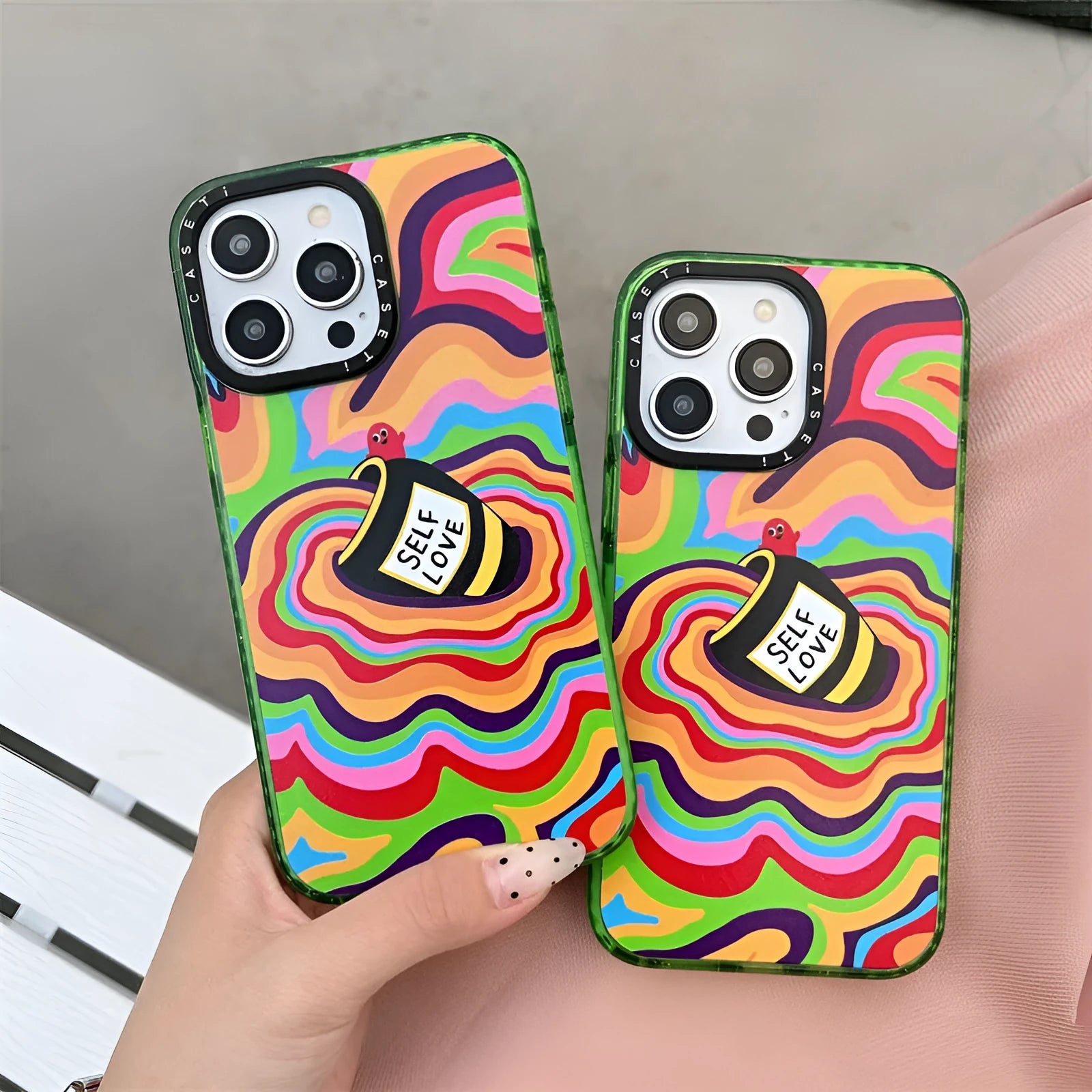 Green Love Yourself More glitter acrylic hard phone case for Apple iPhone models 11 to 15 Pro Max