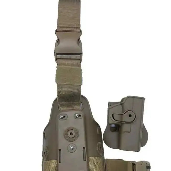 Green plastic quick-pull leg bag holster for tactical waist plates