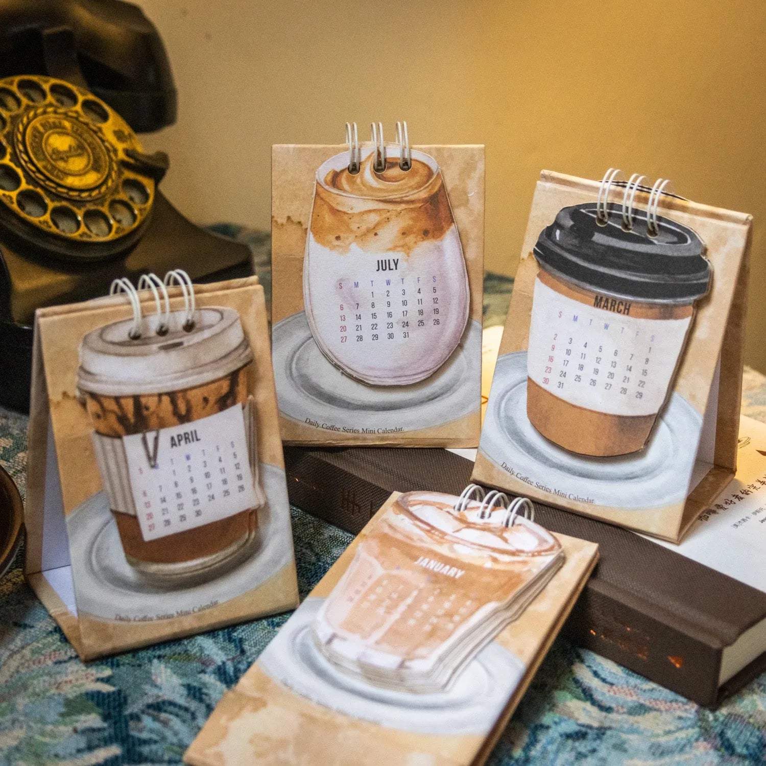 Mini desk calendar 2025 with multiple design options including Coffee Time theme