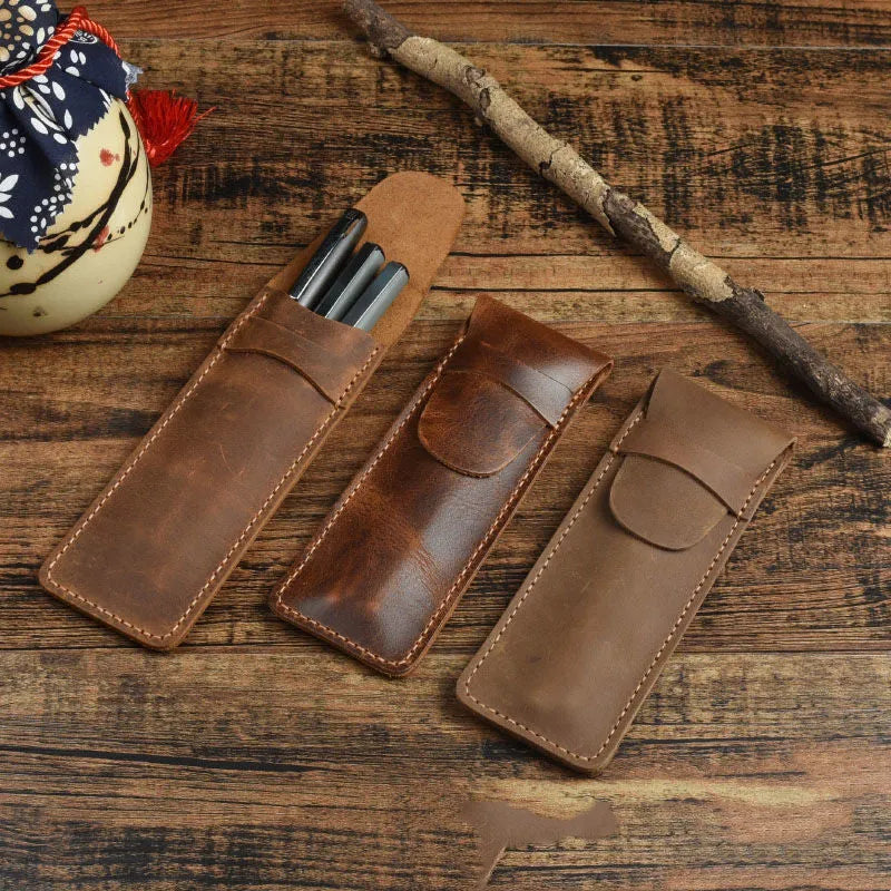 Square vintage pencil case made from Crazy Horse leather measuring 16cm by 6cm
