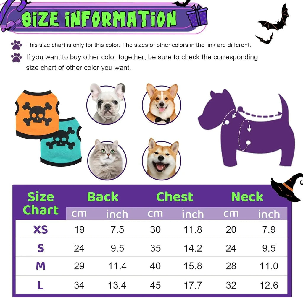 Set of five blue, orange, and purple cotton dog vests with Halloween skull bones pattern.