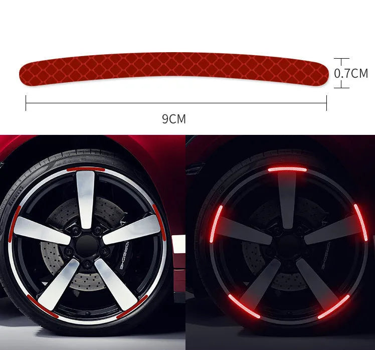 20-piece car wheel hub reflective stickers in PVC with multiple colour options for tyre warning and decoration