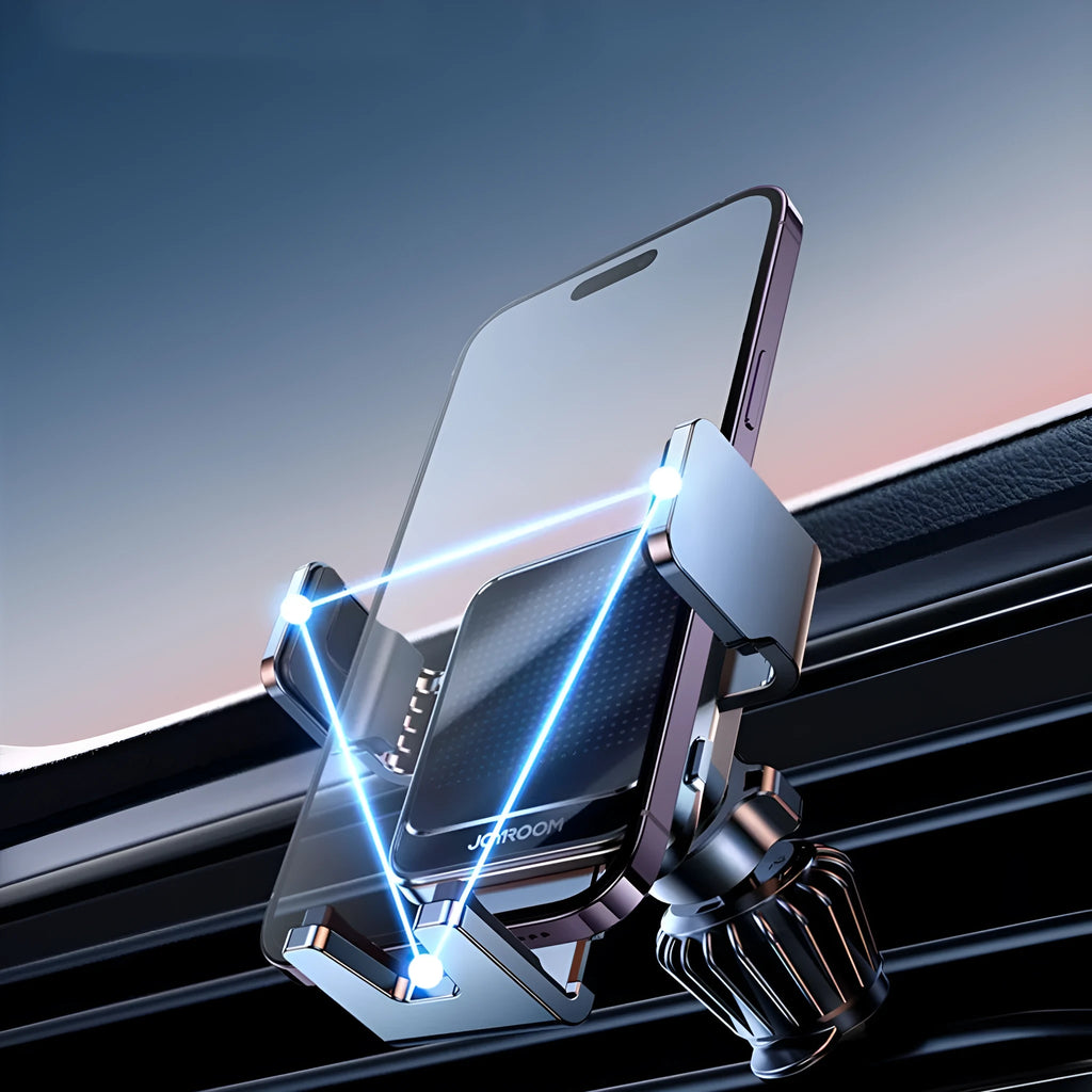 Black car wireless charging bracket mounted on air vent, showing phone being placed on automatic holder.
