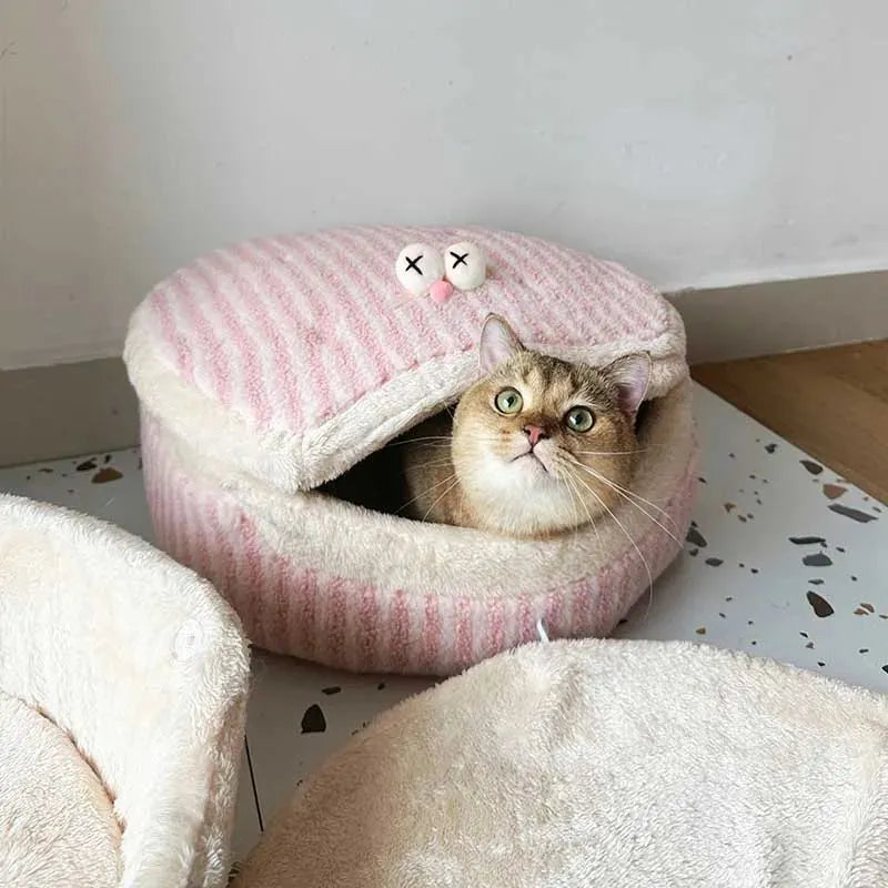 Causeway Braised Sandwich Cat Nest, warm velvet cat bed, 45cm diameter, pink colour, removable lid