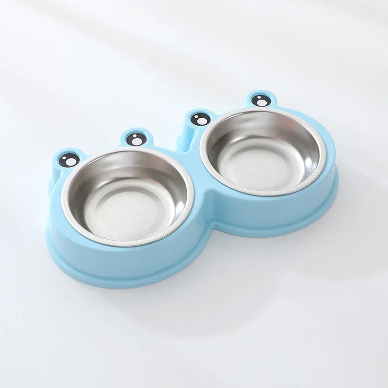 Stainless steel pet double bowl for cat and dog feeding in blue, green, and pink colours.
