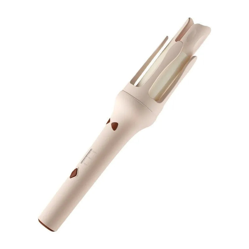 White and pink automatic hair curler with 32mm ceramic barrel and international power plugs on a table.