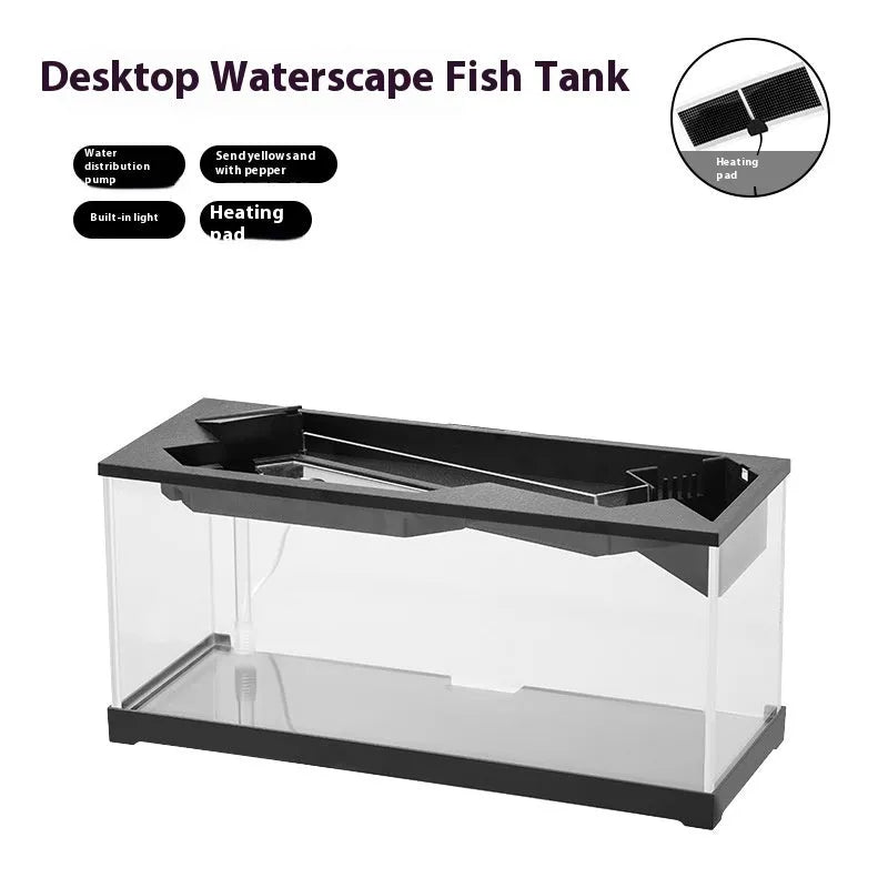 Small acrylic integrated lazy aquarium with circular filter, built-in lamp, external light, and heating mat for desktop use