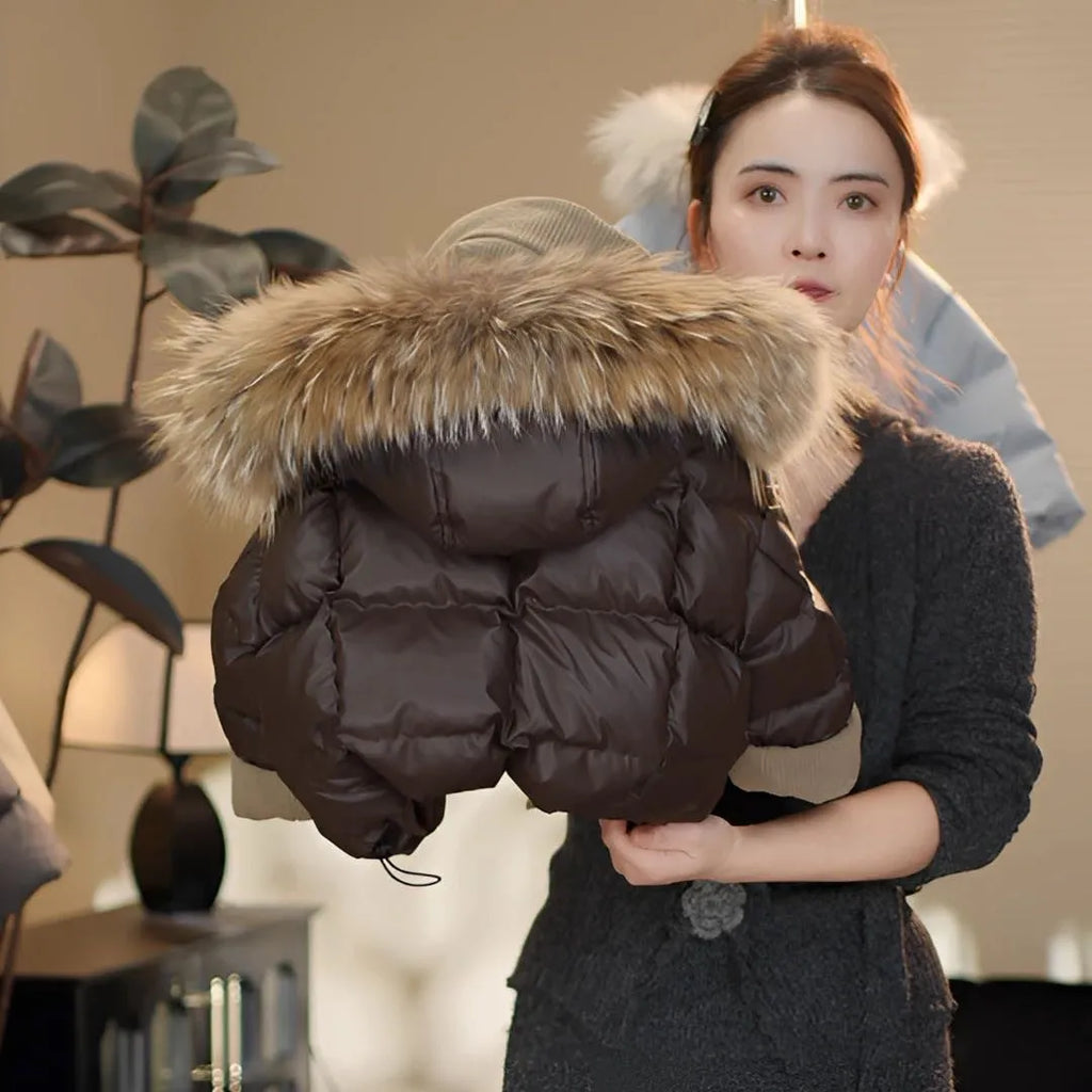 Children's brown fake two-piece winter jacket with polyester fibre padding, available in heights 110cm to 160cm.