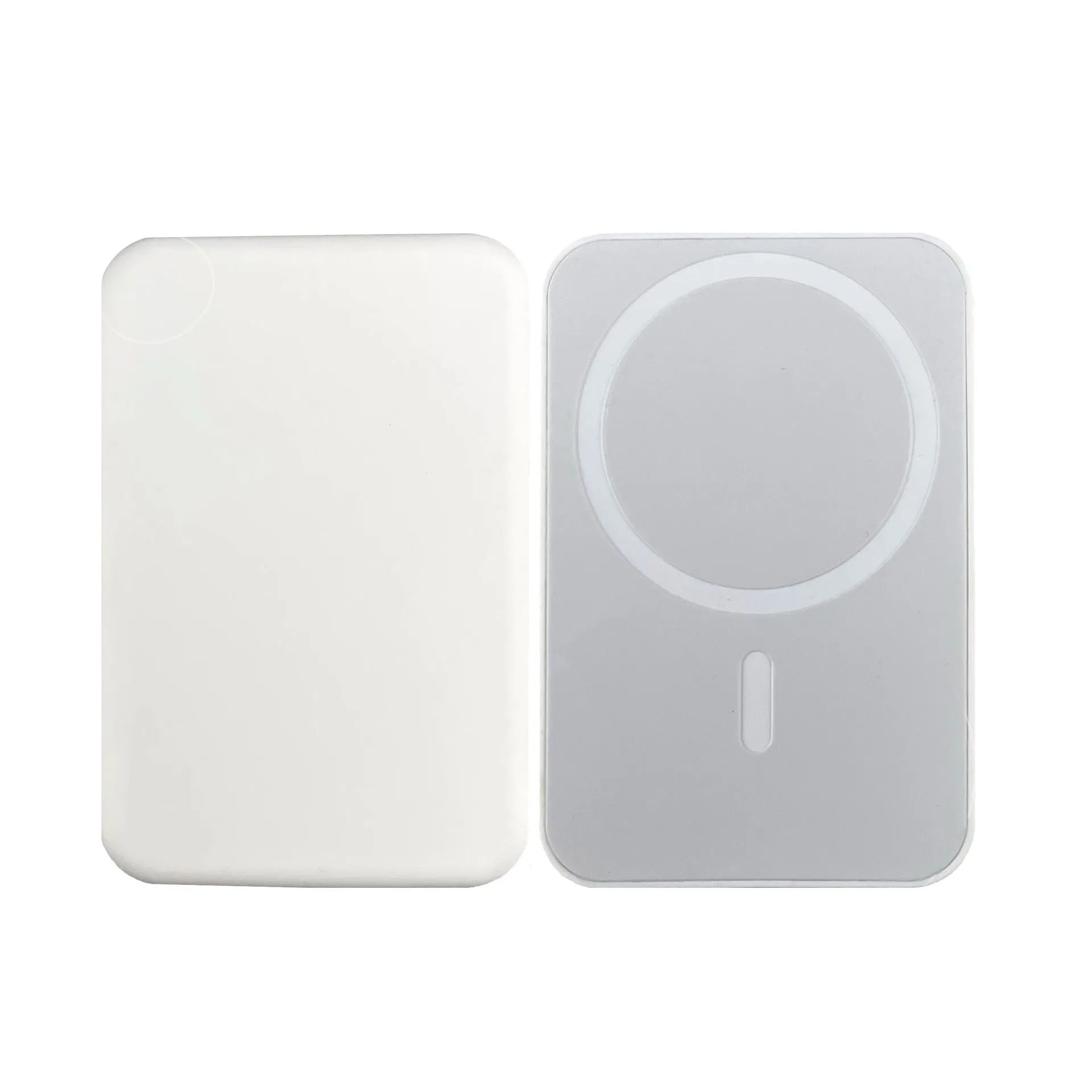 Compact magnetic wireless power bank with 5000mAh capacity in white PVC housing