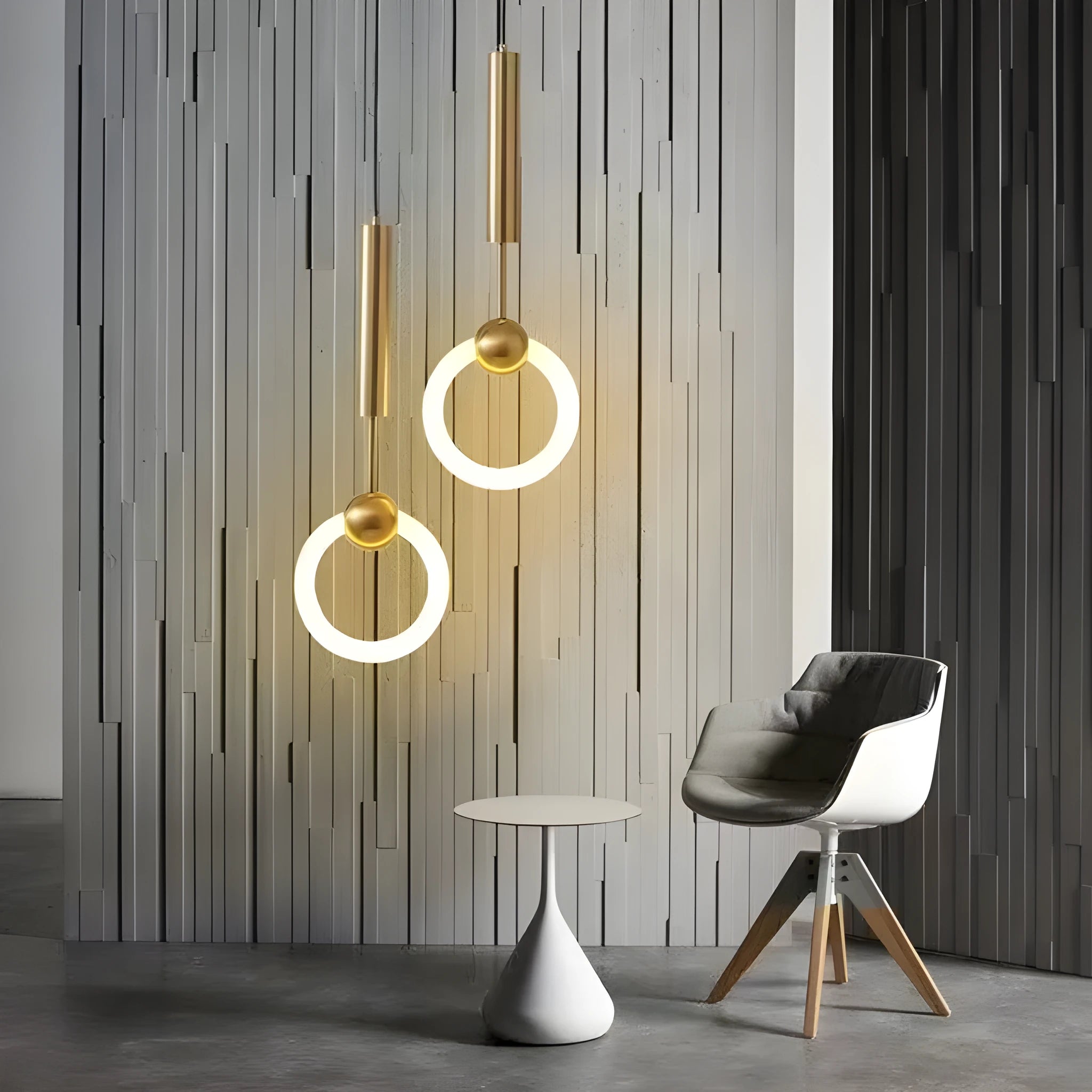 Modern Nordic-style U-shaped pendant chandelier light in a bedroom setting, showing compact 200mm design.
