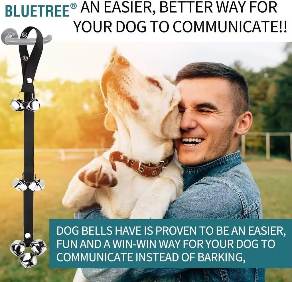 Dog training doorbell with seven silver metal bells on adjustable nylon strap