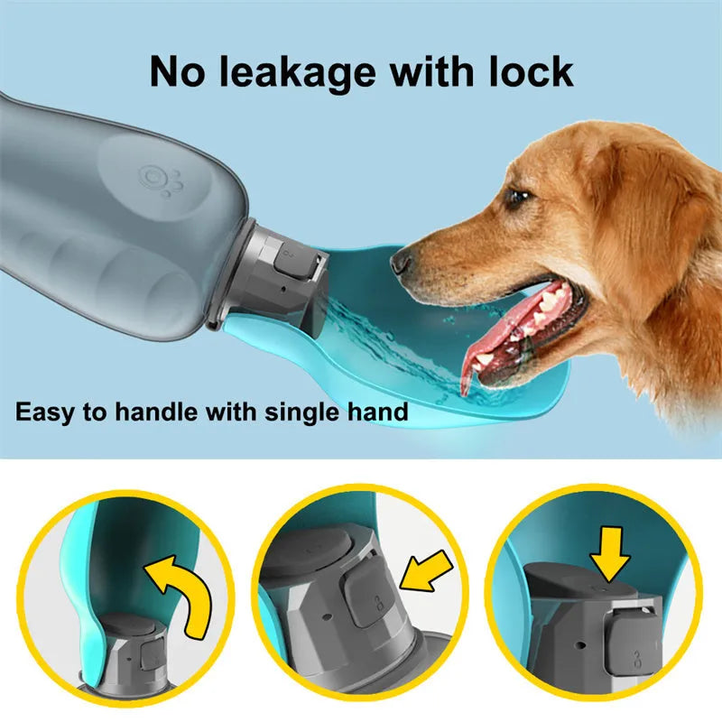 Blue-grey portable dog water bottle with foldable drinking bowl showing 800ml capacity markings