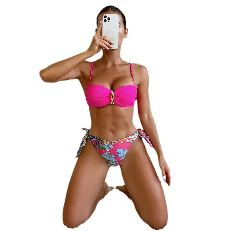 Rose red women's bikini swimsuit with braid rope decorative detailing on the fabric.
