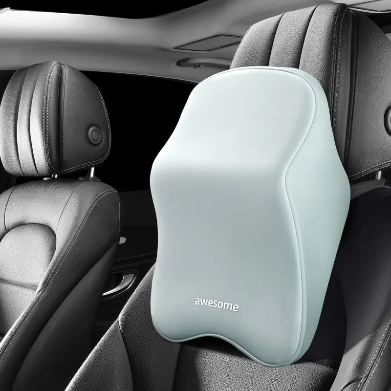 Memory foam car lumbar support pillow and matching headrest cushion in geometric pattern