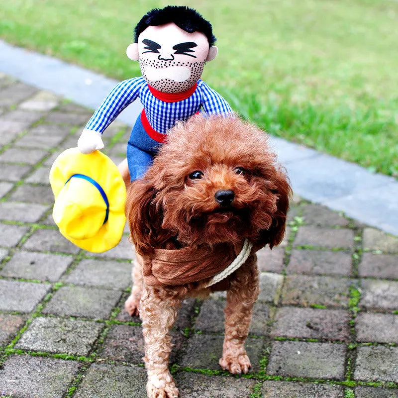 Red polyester adjustable Halloween dog costume with wig and foam knife for pet cosplay parties