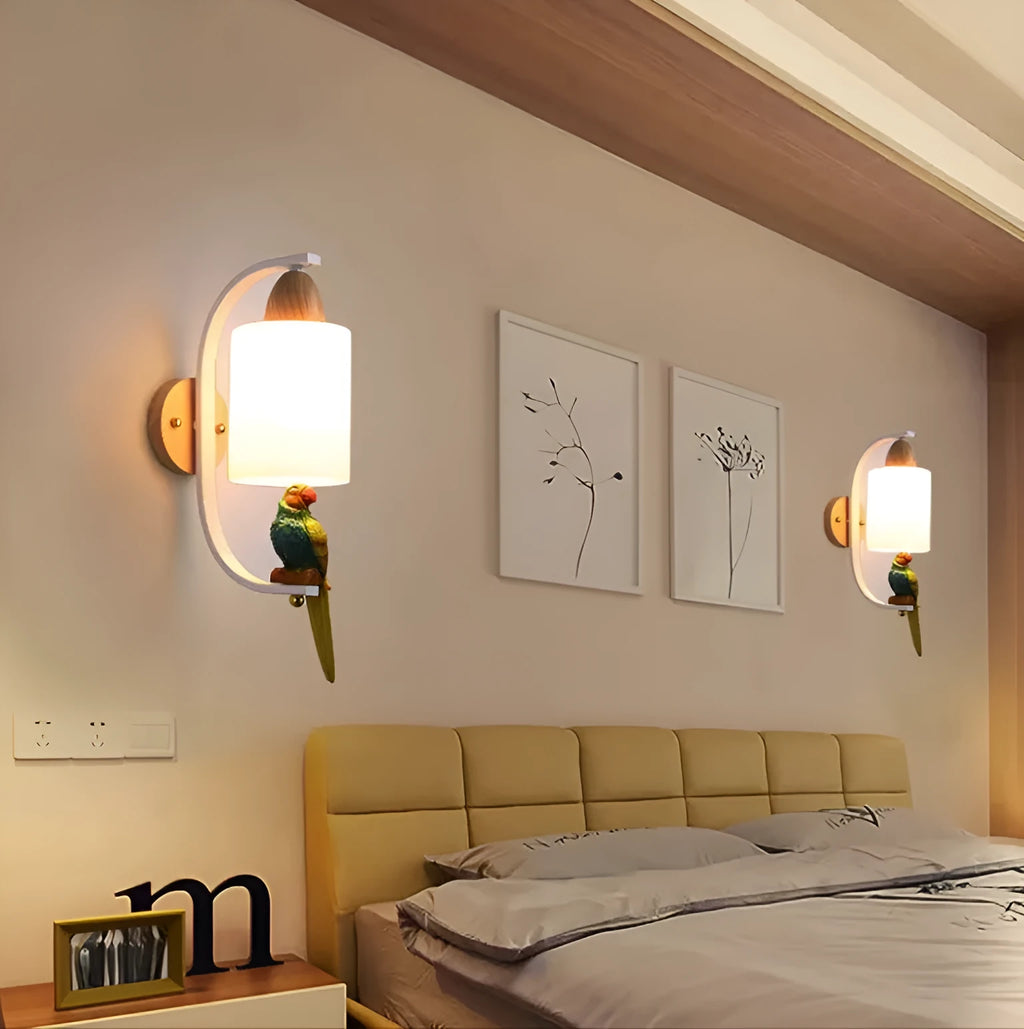 Solid wood and iron wall lamp with glass shade on a wall in a stairway