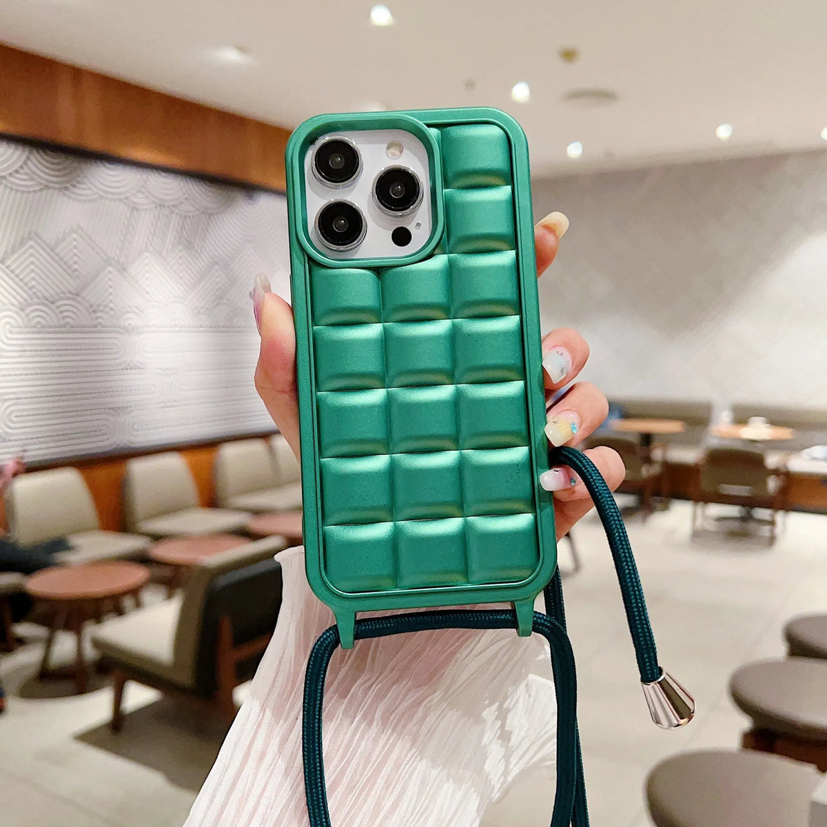 Matte plaid cross-body lanyard phone case in pink for iPhone 11 to 15 Pro Max, TPU fall protection