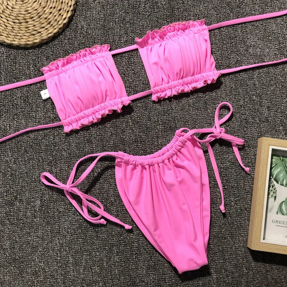 Costa Rica Bandeau Bikini Set in triangle style with double layer nylon fabric and removable chest pads in six colours