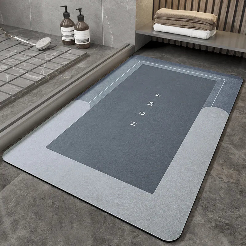 Cushioned bathroom floor mat with non-slip backing in blue colour showing oval shape on bathroom tiles