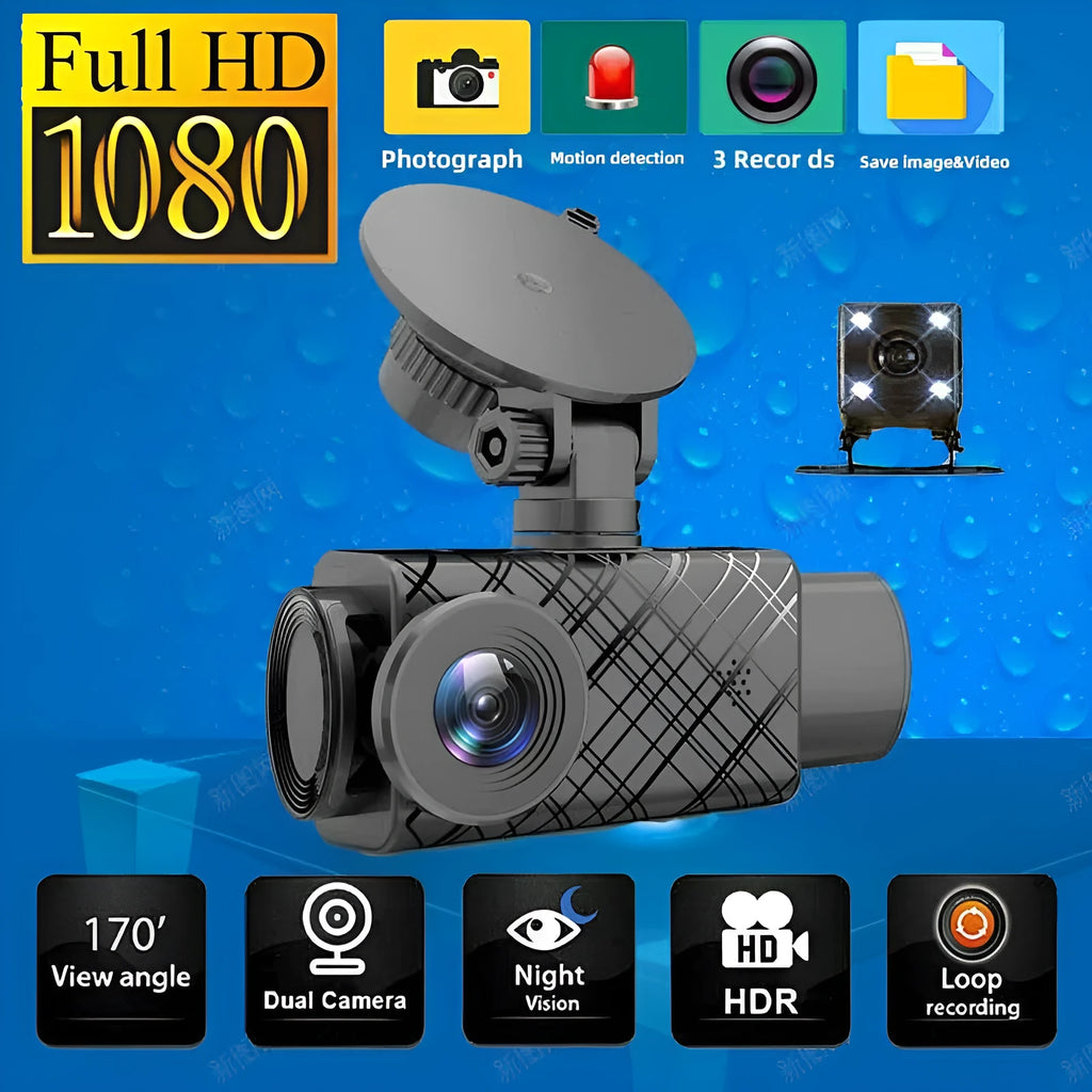 Black dashcam with 2 inch touch screen mounted on car dashboard showing 1080P recording display