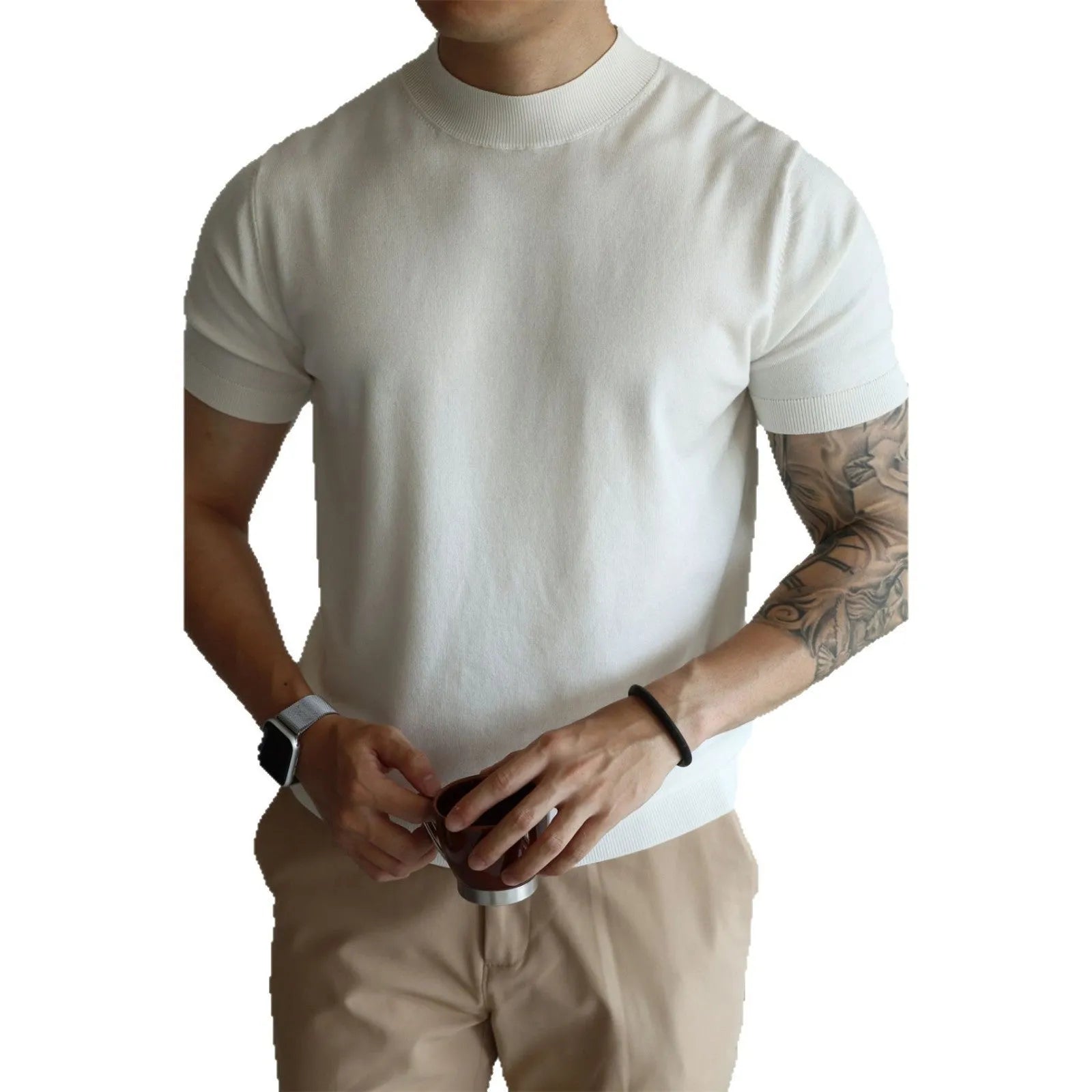 Men's slim-fit knit T-shirt in breathable polyester available in eight solid colours
