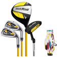 Children's golf club set featuring a forged aluminium driver, two iron poles, a putter, and a ball bag on a grassy field