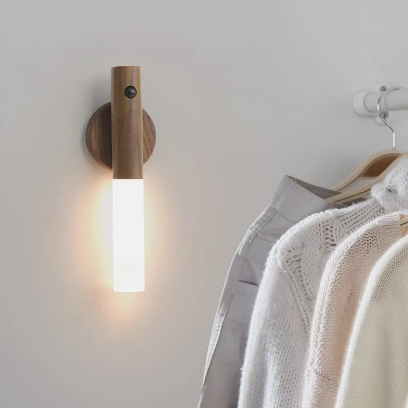 Smart sensor LED desk lamp with solid wood base and motion detection feature