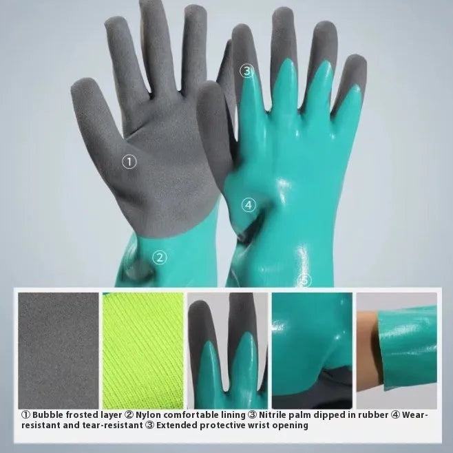Women's navy blue nitrile waterproof fishing gloves shown in short and lengthened sizes.
