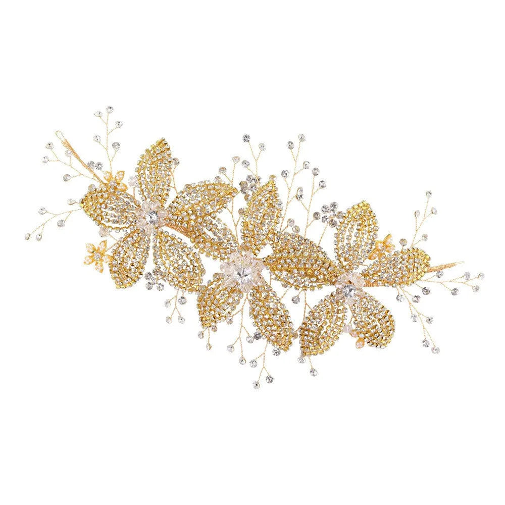 Silver bridal flower rhinestone hair band with plaid pattern on alloy headband