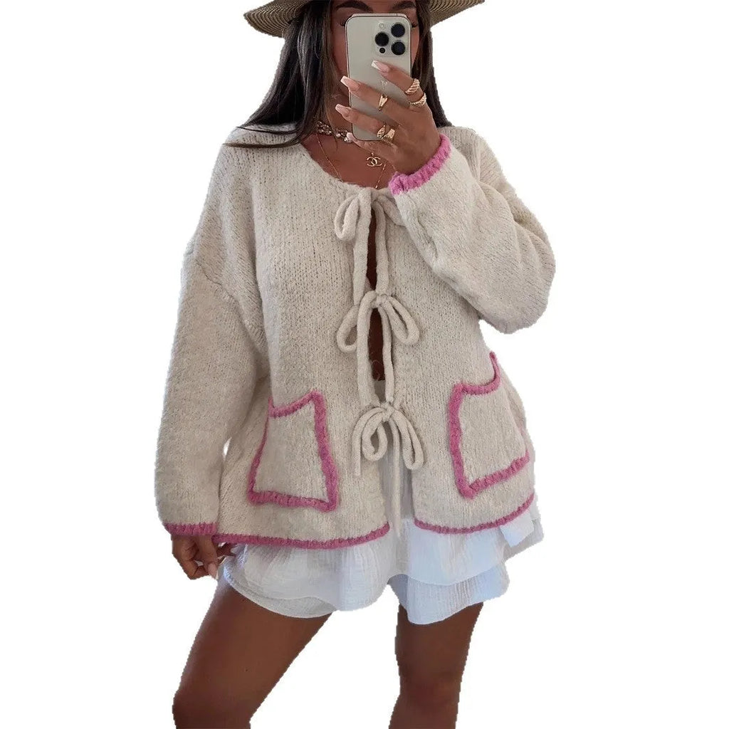 Women's beige loose knitted cardigan with contrast colour, front lace-up fastening and pocket, sizes S to XL