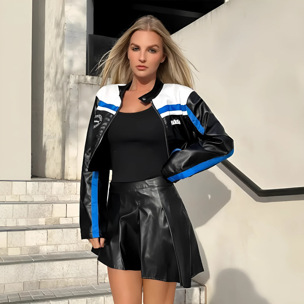 Women's striped zipper coat short street style long sleeve jacket black red colour