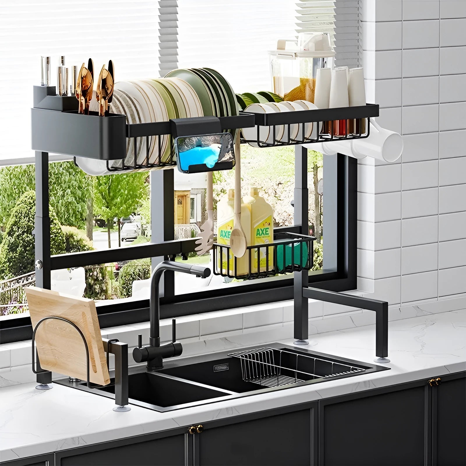 Black retractable metal kitchen draining rack with water pot holder on countertop