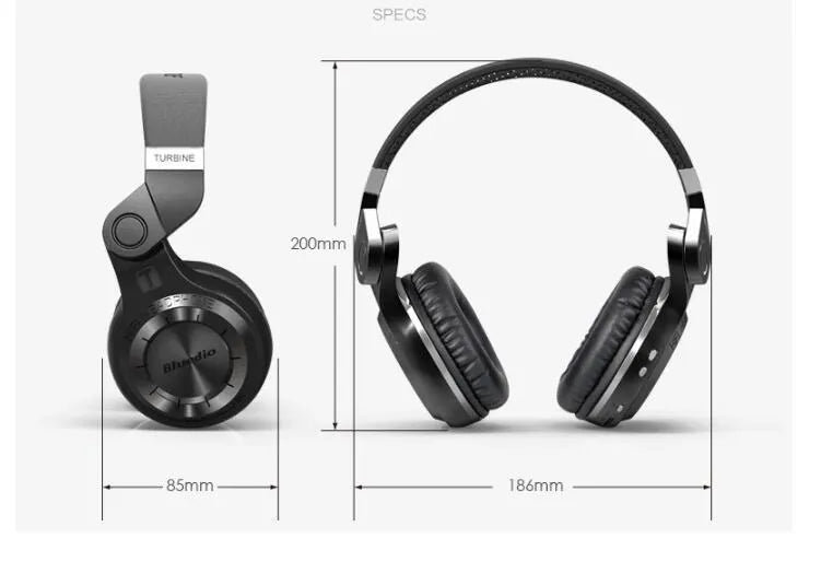 Blue String T2 black and white over-ear Bluetooth headset with folding metal design and a 1.5m cable.