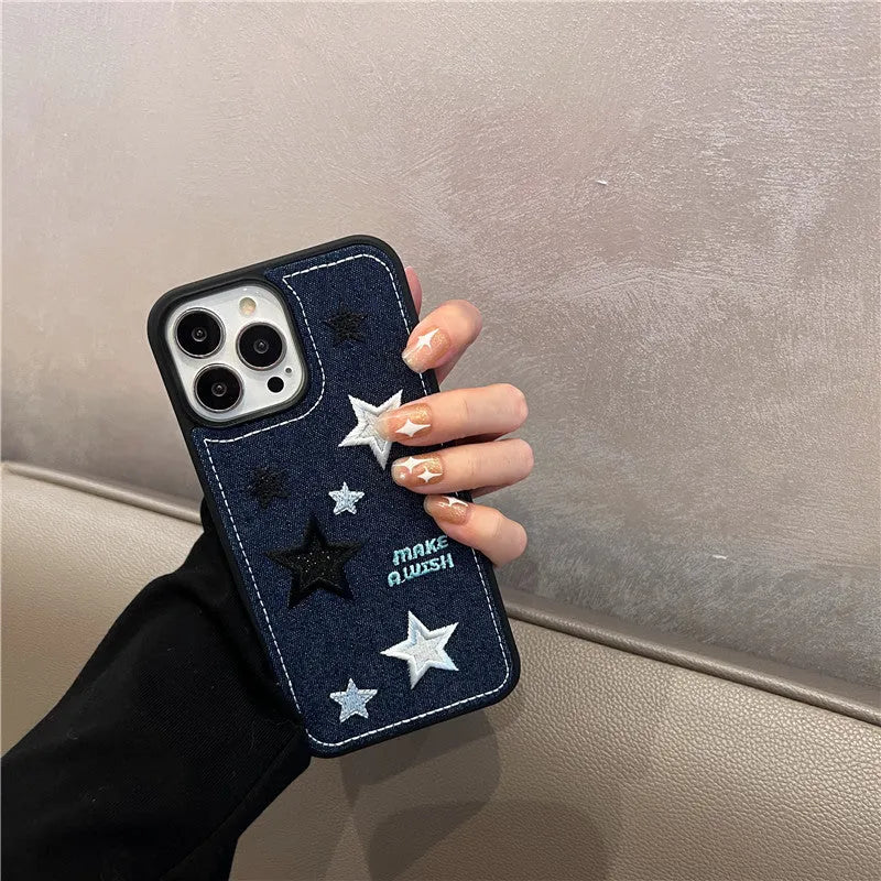 Cowboy embroidery star phone case protector in denim blue for iPhone