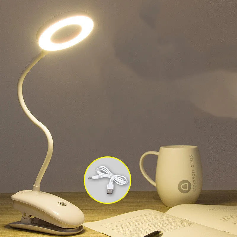 Clip-on rechargeable desk lamp with plastic shade and touch switch in a modern simple design